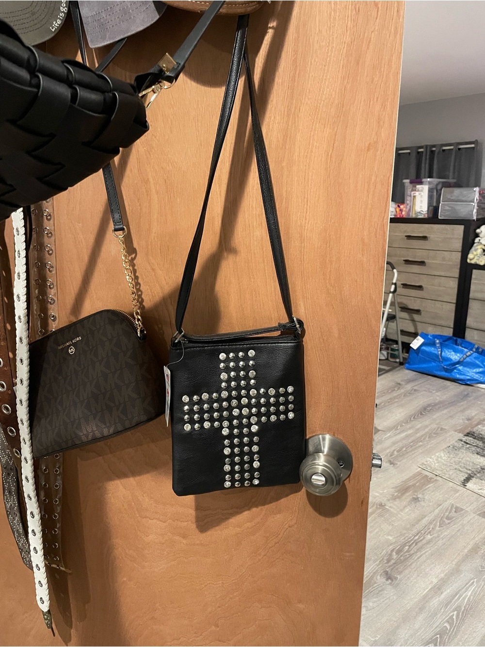 Black Studded Cross Leather Crossbody Bag - Women
